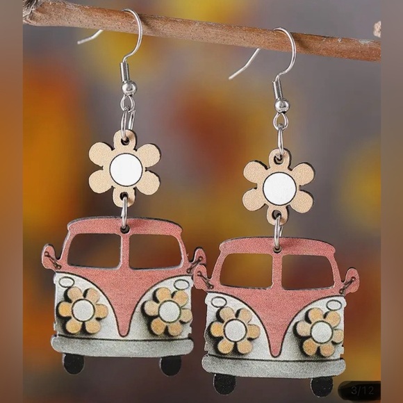 NEW Vintage Wooden VW Van & Flower Dangle Earrings - Picture 4 of 4